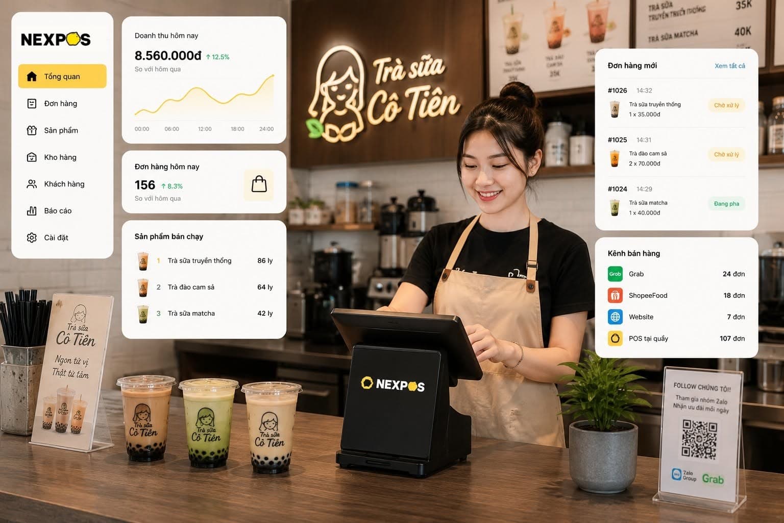 Nhân viên quán trà sữa bán hàng trên Nexpos